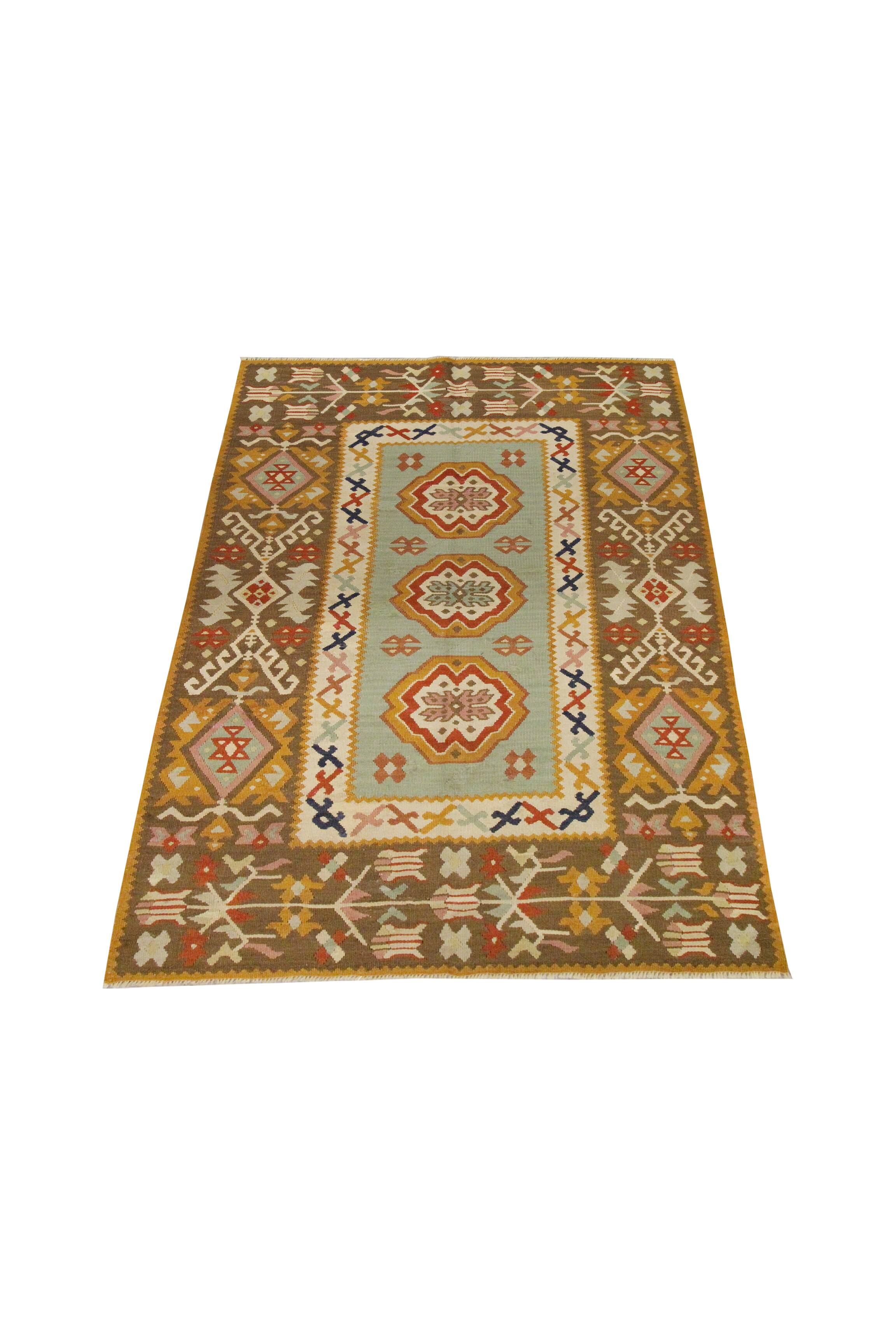 Antique Anatolian Kilim Rug, Turquoise Blue & Mustard Flatweave 141x93 cm
