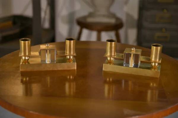 Pair of brass and Bohemian crystal wall lights in the style of Jean Royère, 1940s