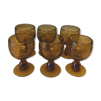 6 verres à pied vintage, années70 en verre bulle soufflé de la verrerie de Biot couleur ambre