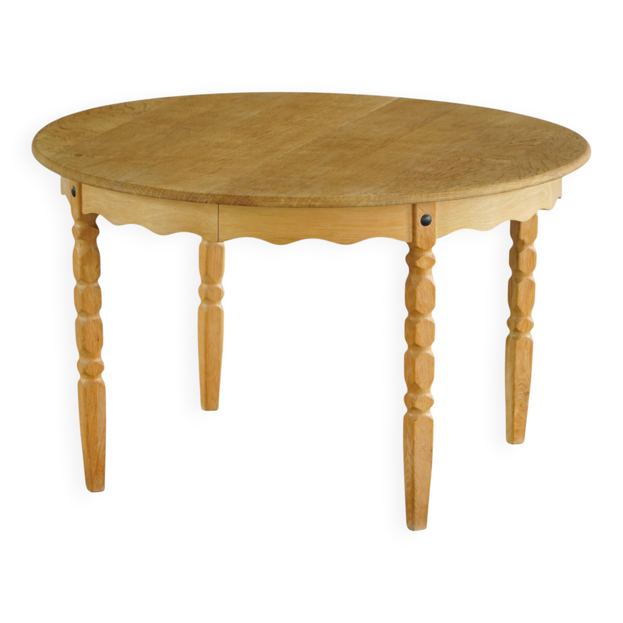 Round solid oak dining table with three extensions, mid-century Danish style, 1960s.