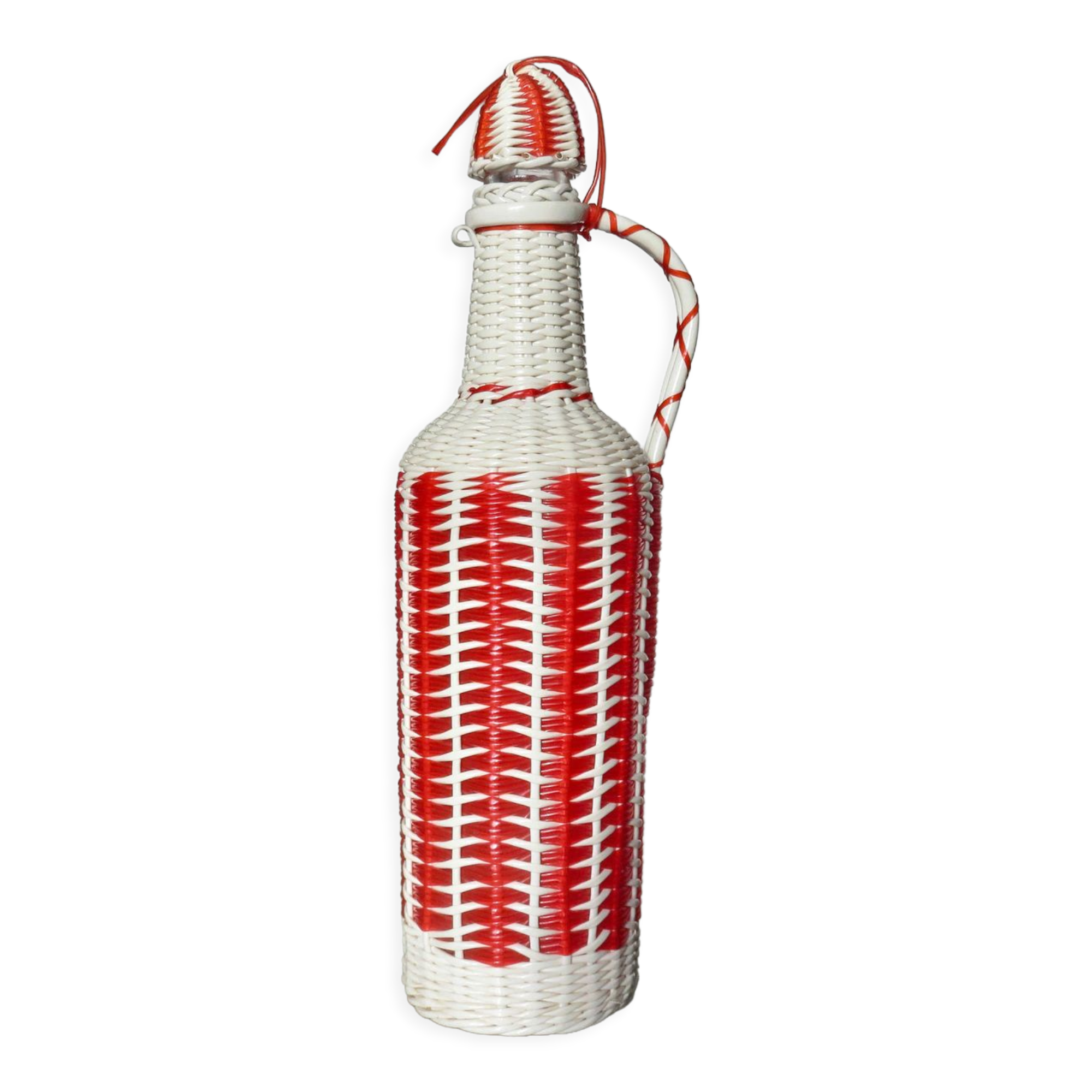Bottle in red and white scoubidou 50-60s