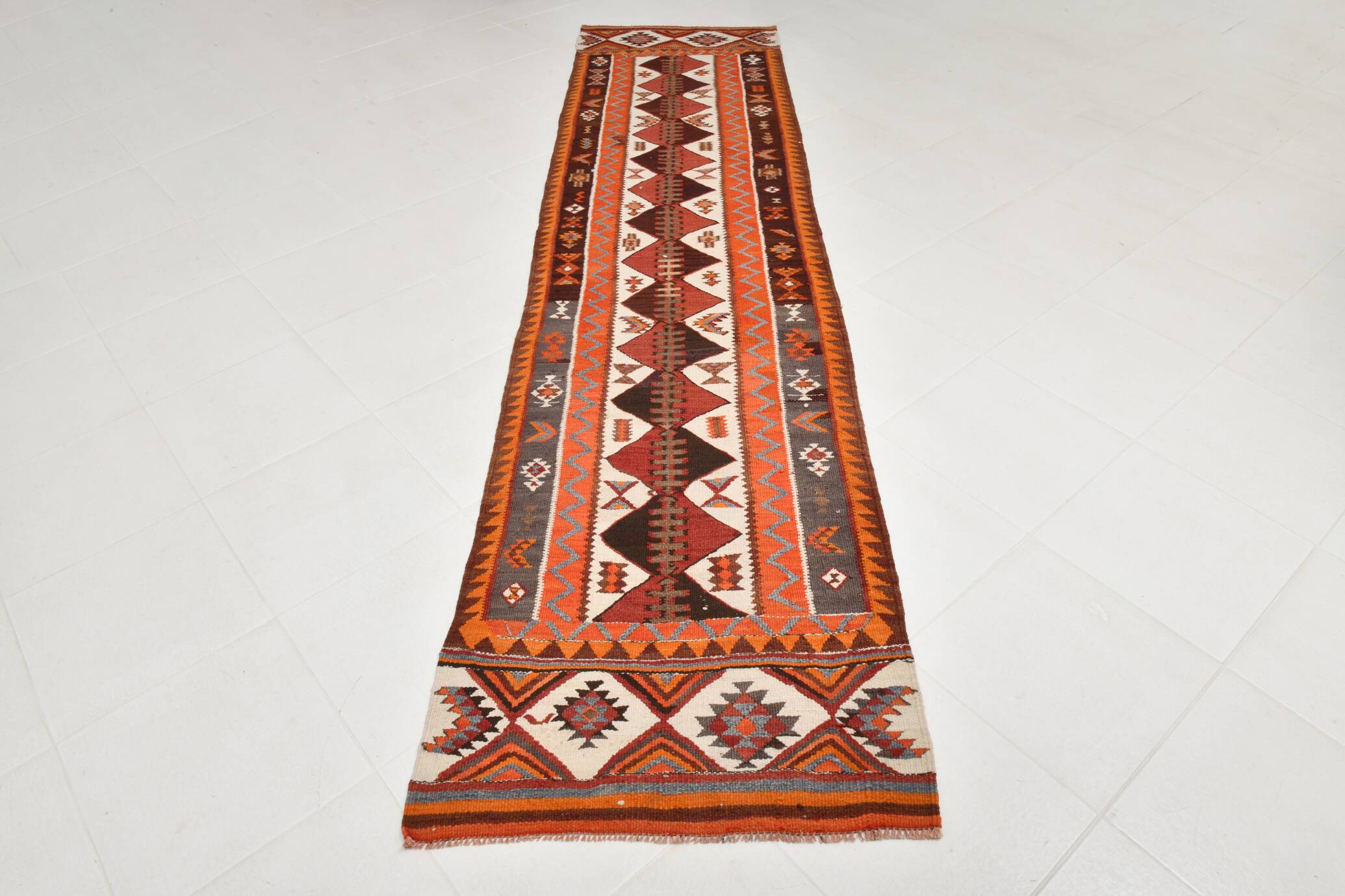 Orange & Brown Vintage Kilim Runner Rug, Oriental Pattern Hallway Carpet
