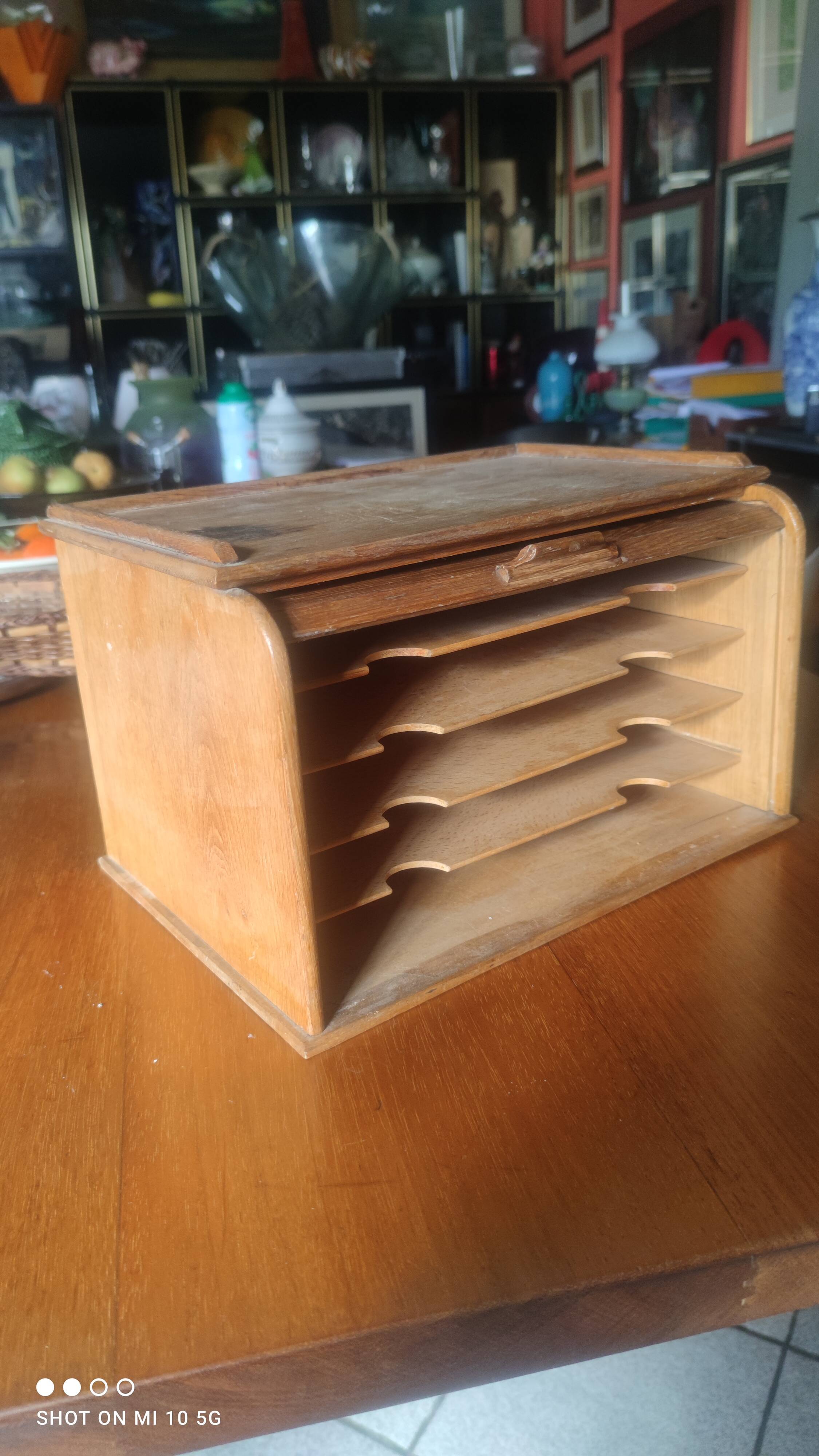 Oak roll-top desk organizer, circa 1930