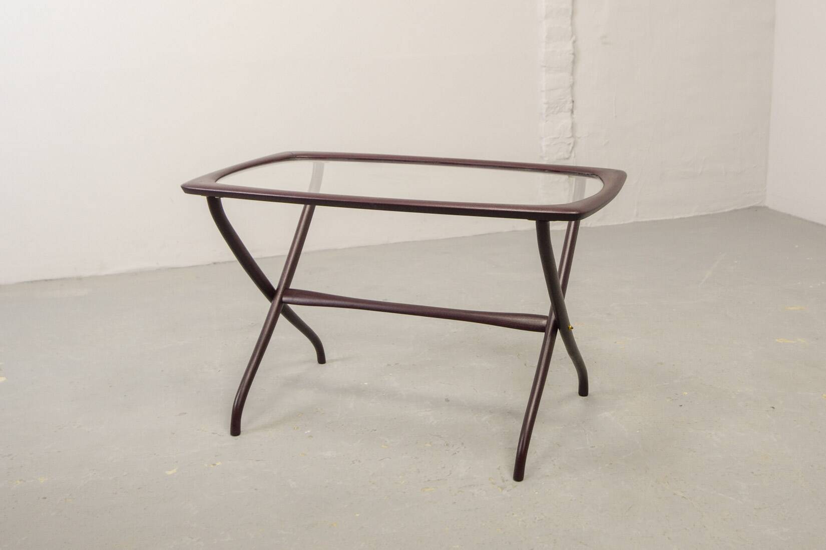 Italian Design Wooden Scissor Frame Side Table with Glass Top. Italy, 1950s