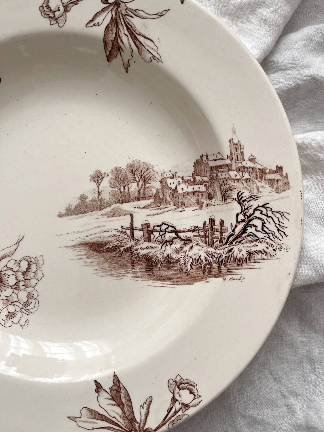 Deep ironstone plate "Cherry Tree" Creil and Montereau