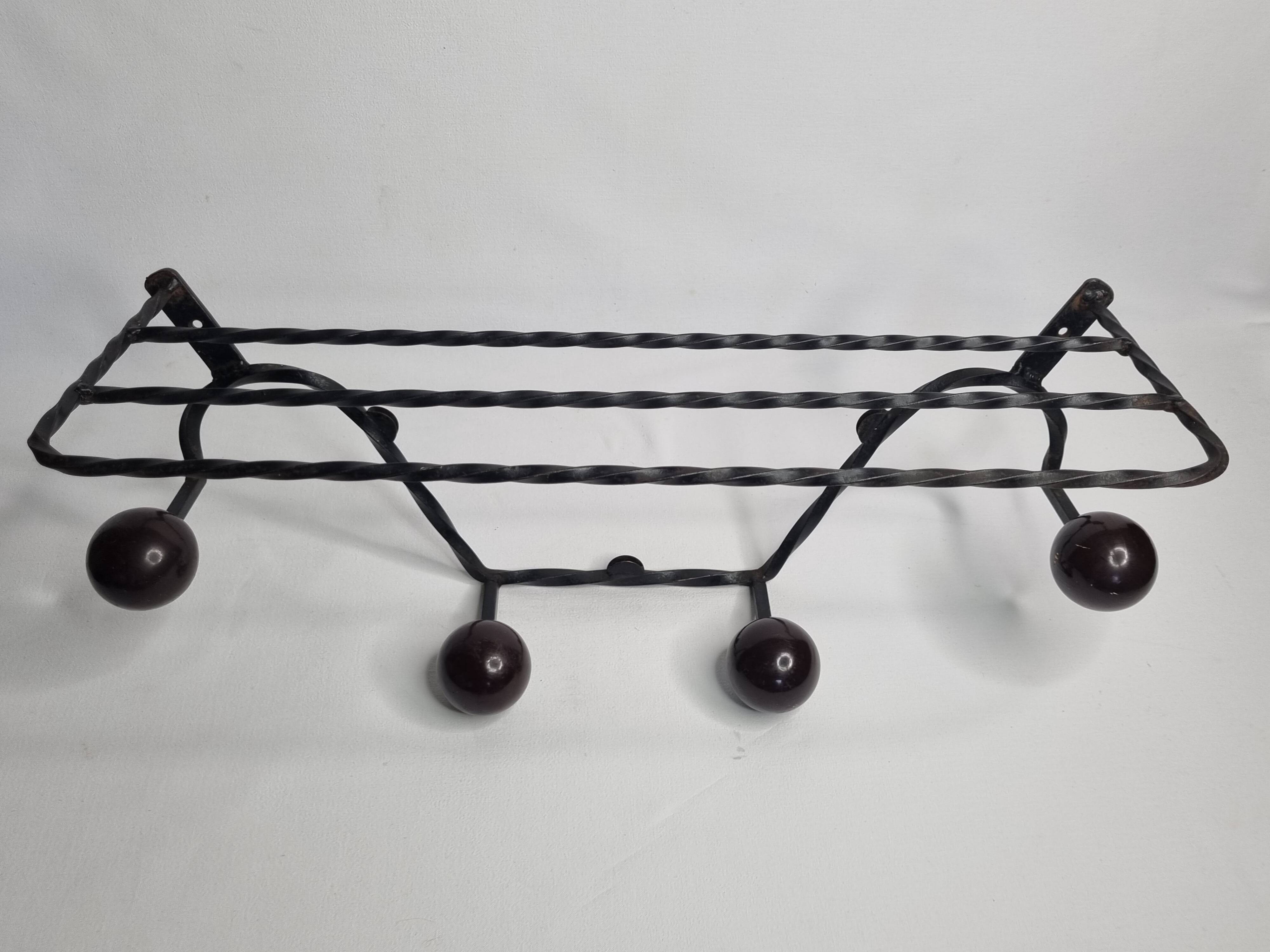 Vintage wrought iron wall coat rack with 4 hooks, 55 cm