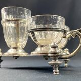 19th century silver metal and crystal mustard salt cellar holder with Louis XV shell decor