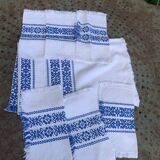 Rectangular tea tablecloth and 6 napkins, made in France, Basque linen, white and blue, Vintage