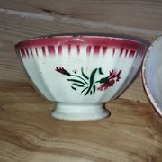 Bowls Faïencerie de Sarreguemines with rose decoration (the two red ones)