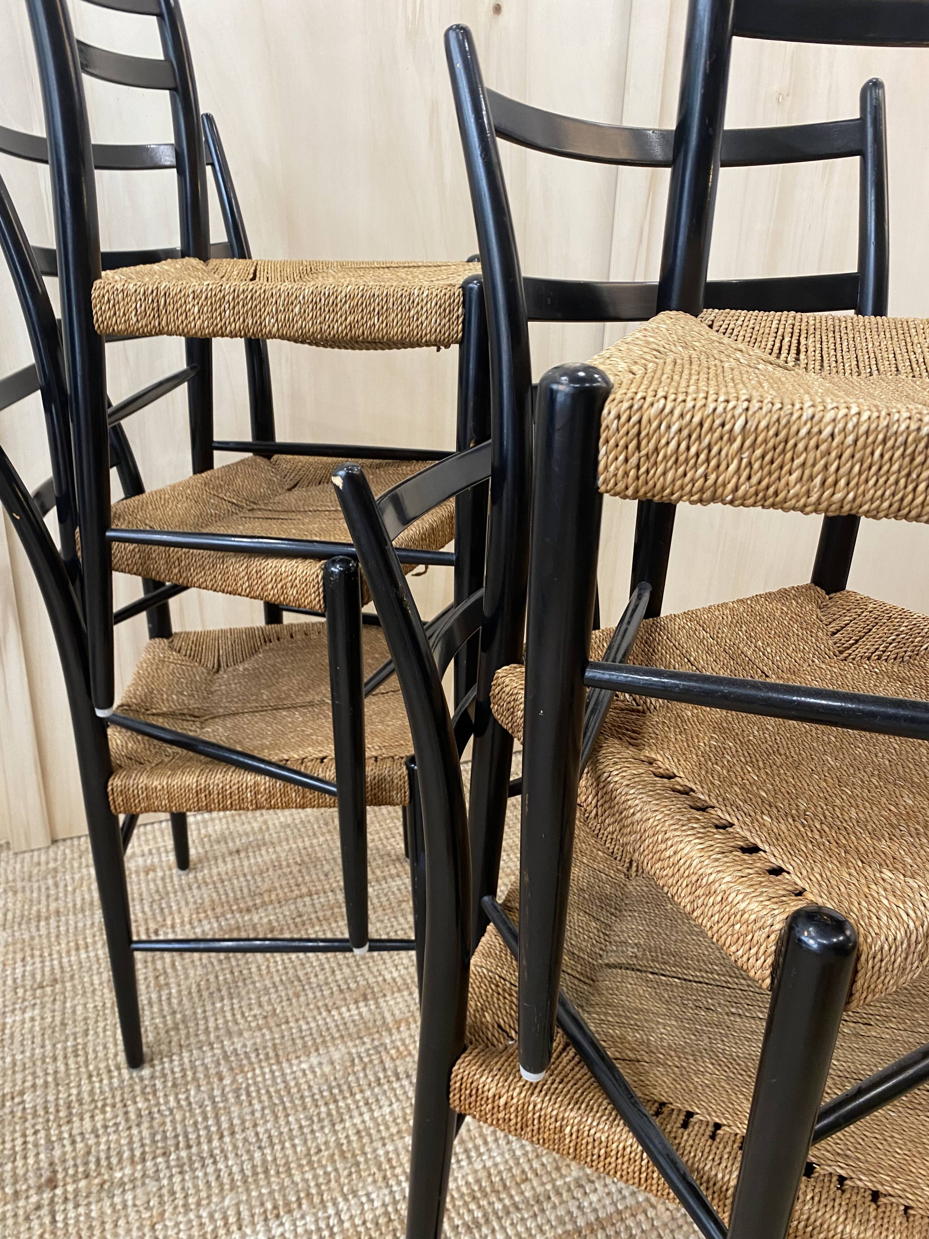 Série de 6 chaises en bois & cordes - italie 1960