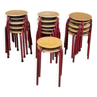 Set of 17 red steel wood stools