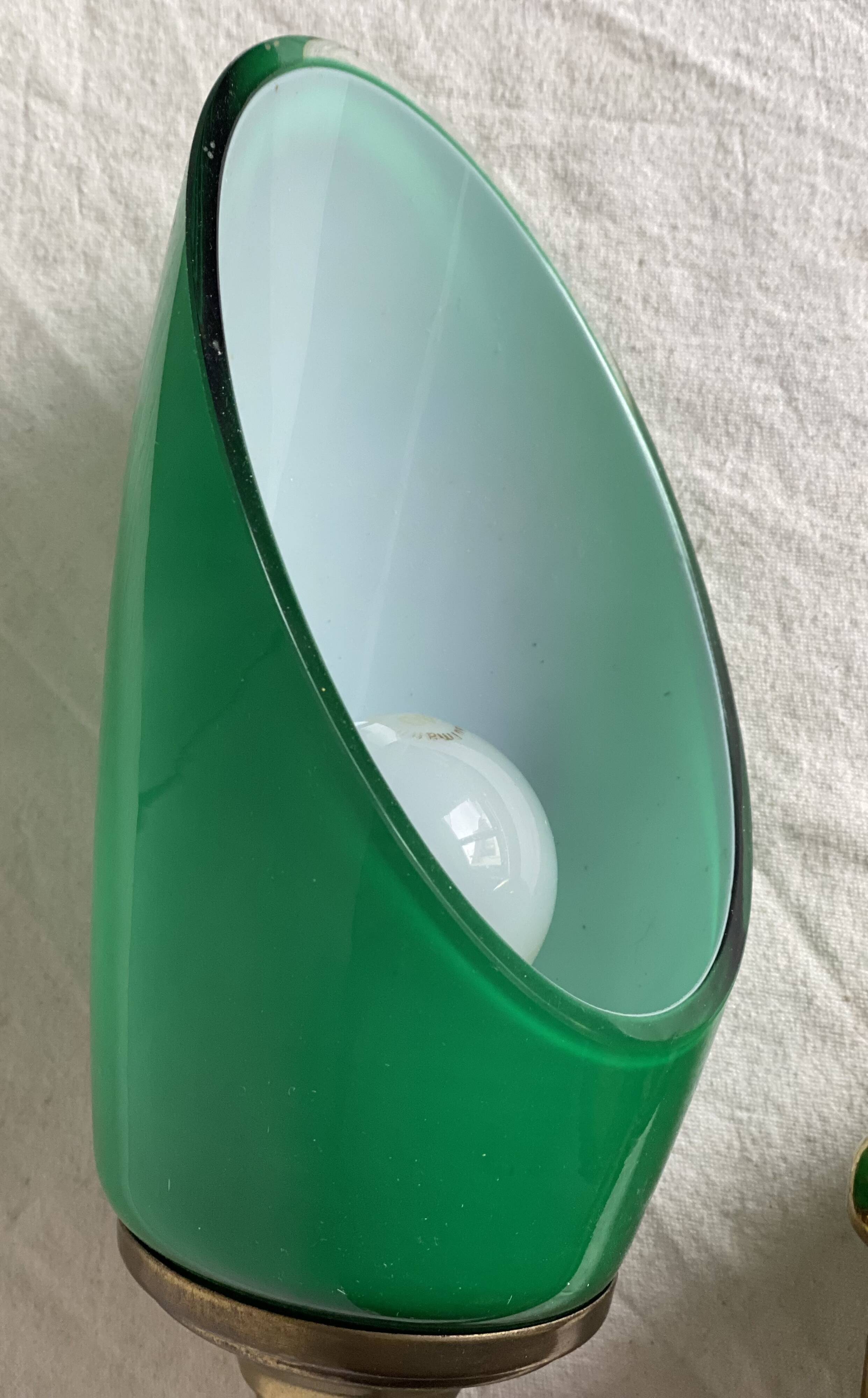 Vintage 1980 green opaline and brass wall light.