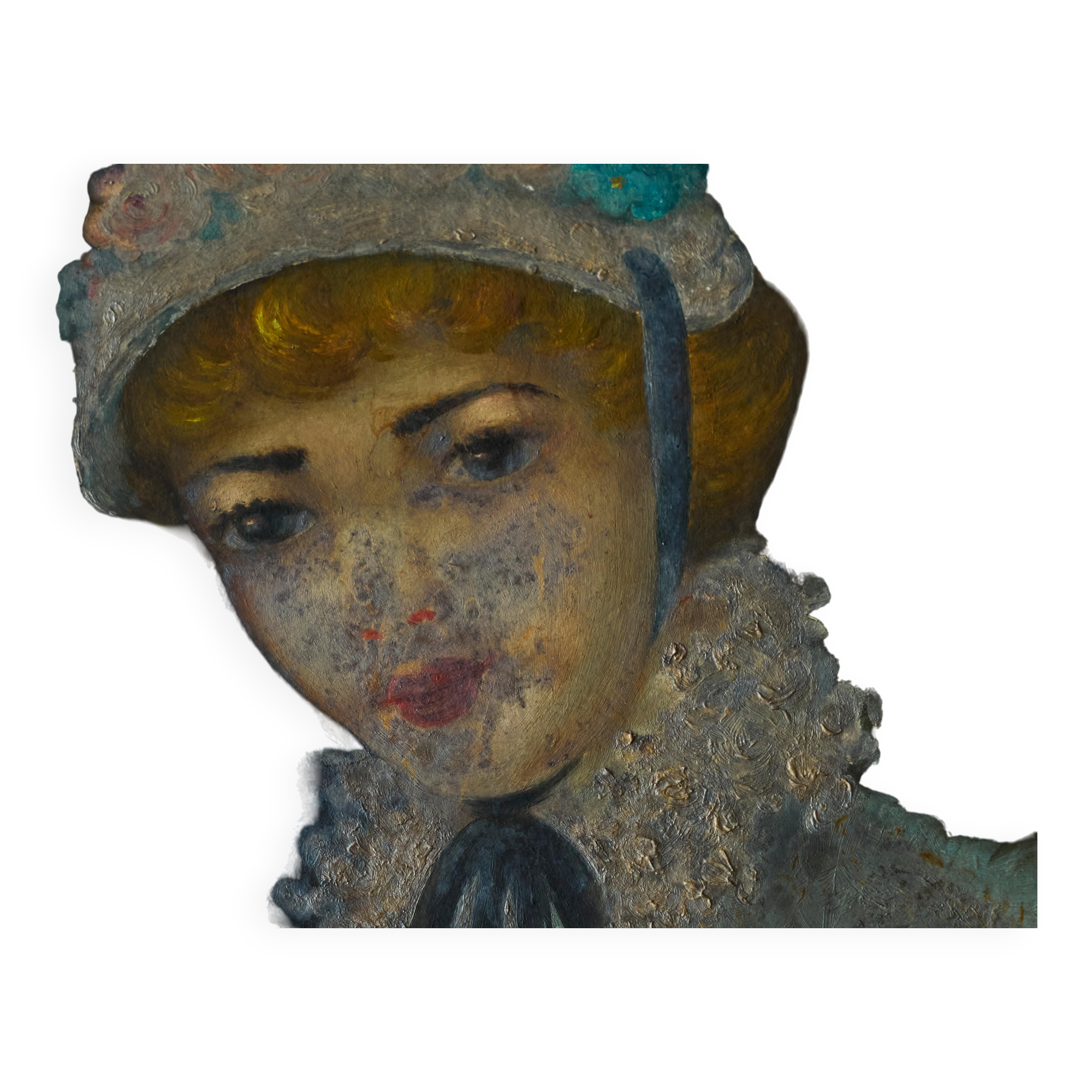 Oil portrait of a woman with a floral bonnet, Belgium, 1920s.