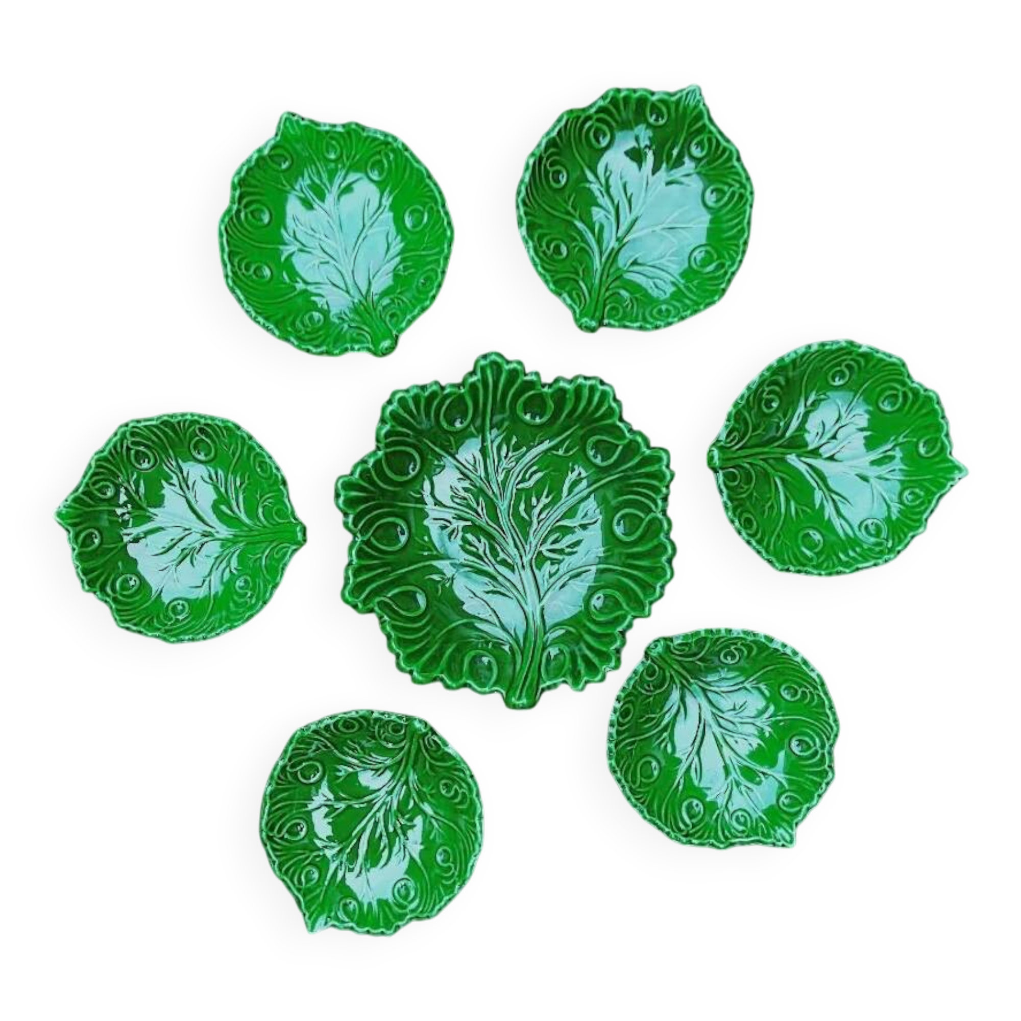Service à dessert majolique italienne C.A.L Nove – feuilles de vigne vert - 7 pièces - années 60