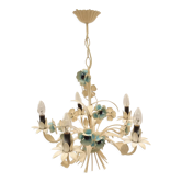 Lustre vintage bouquet de fleurs bleus 5 chandelles en tôle peint