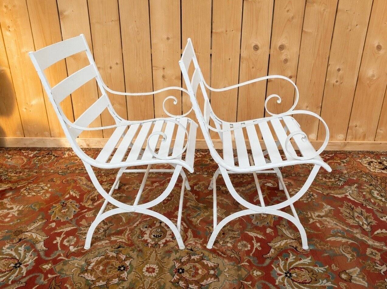 Paire de fauteuils de jardin XIXe, fer forgé & bois, style Restauration