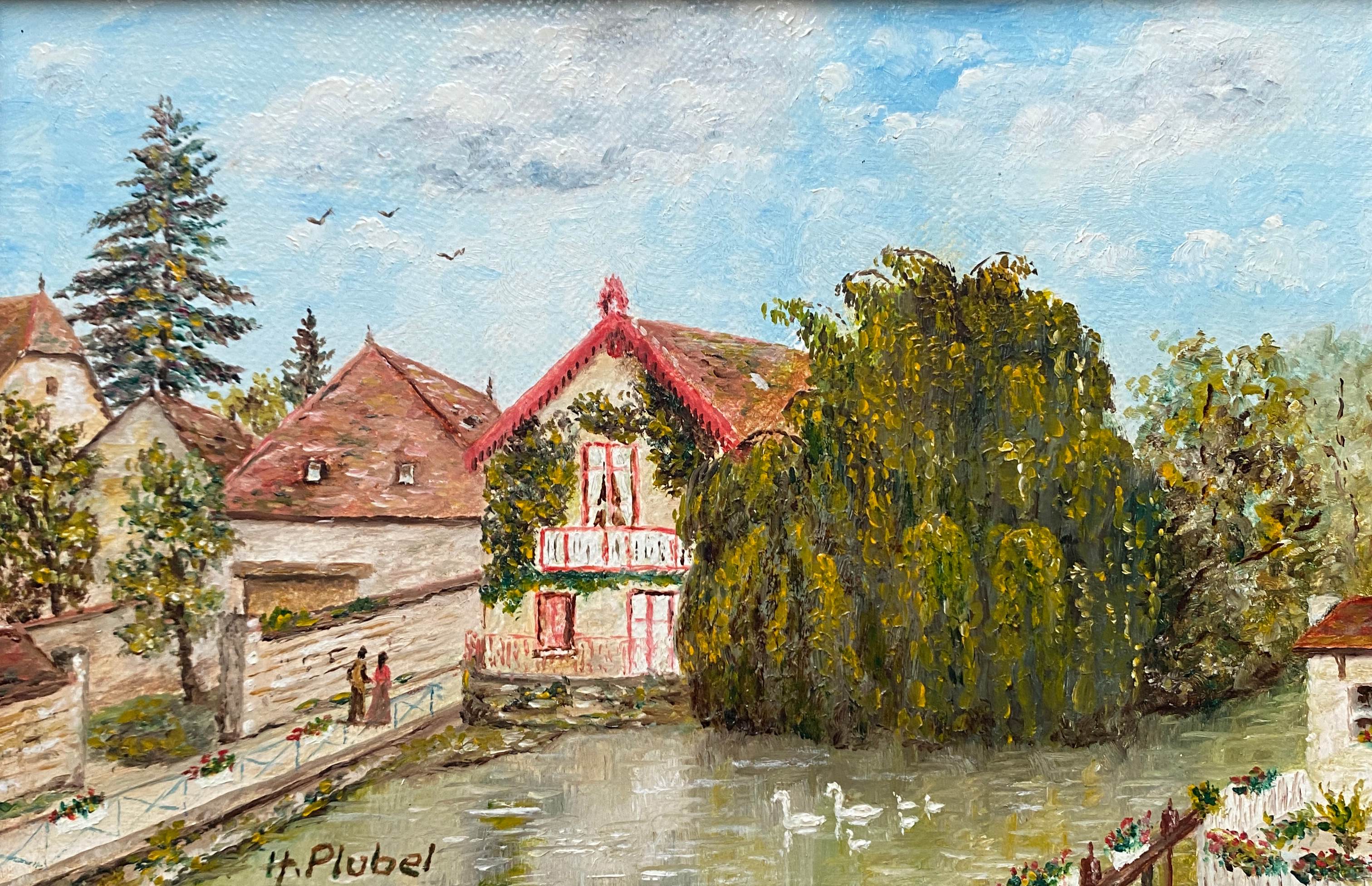 Pendant Paintings HST Henri Plubel (XX°) "View of Mrirebeau dur Bèze" + frame