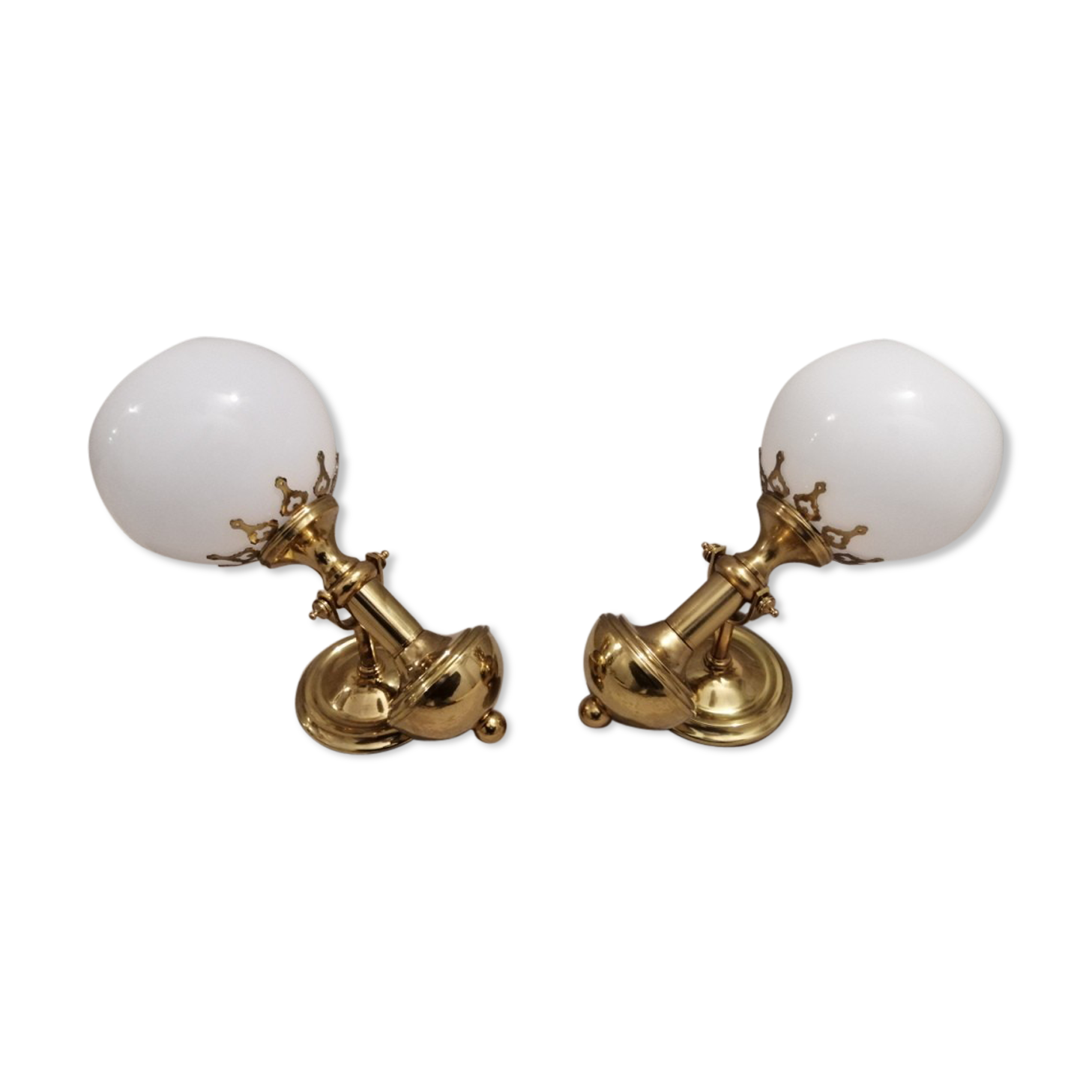 Pair of brass boat swivel appliques - opalin glass globe