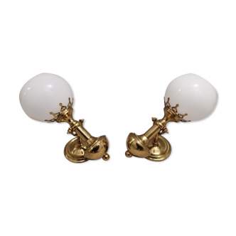 Pair of brass boat swivel appliques - opalin glass globe