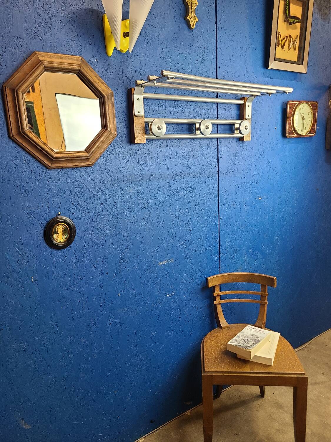 Coat rack, oak, vintage aluminum