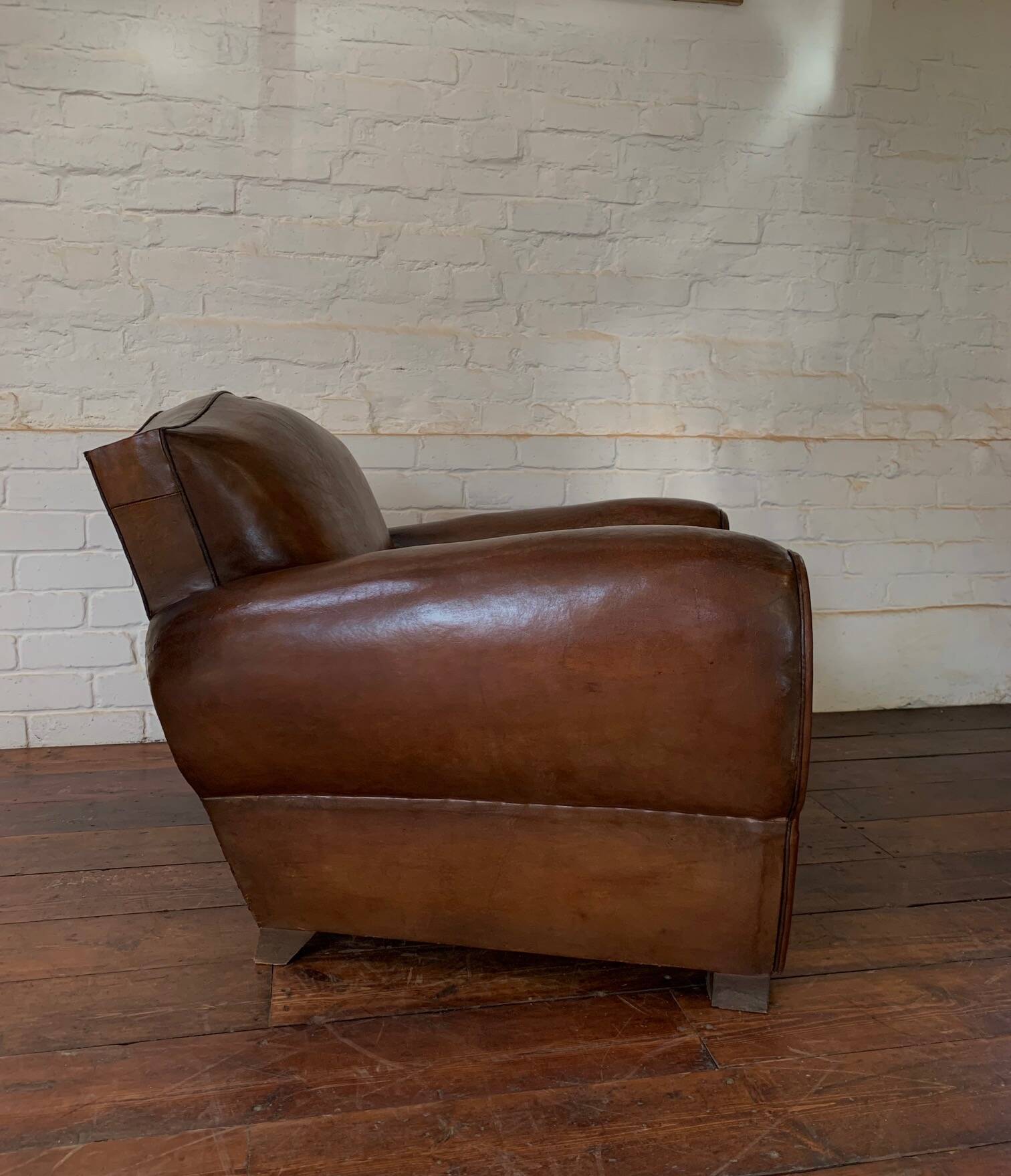 French Leather Club Chair, Havana Mustache Model, with Cuban Cigar Arms, Circa 1930's
