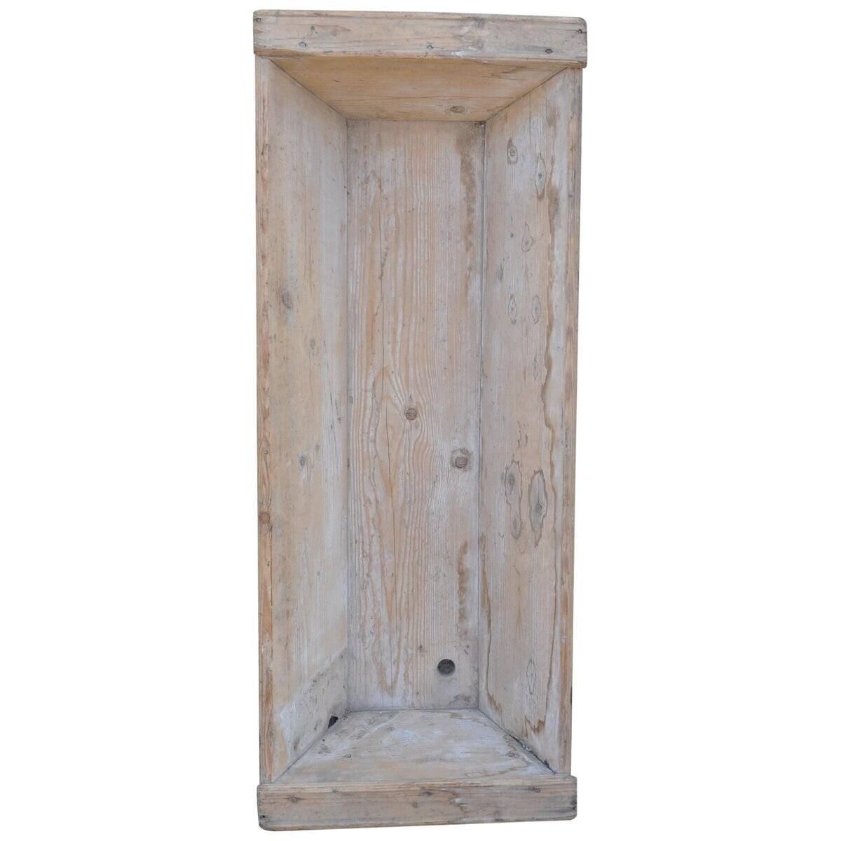 Large whitewashed wooden trench, solid driftwood, 1940s farmhouse style.