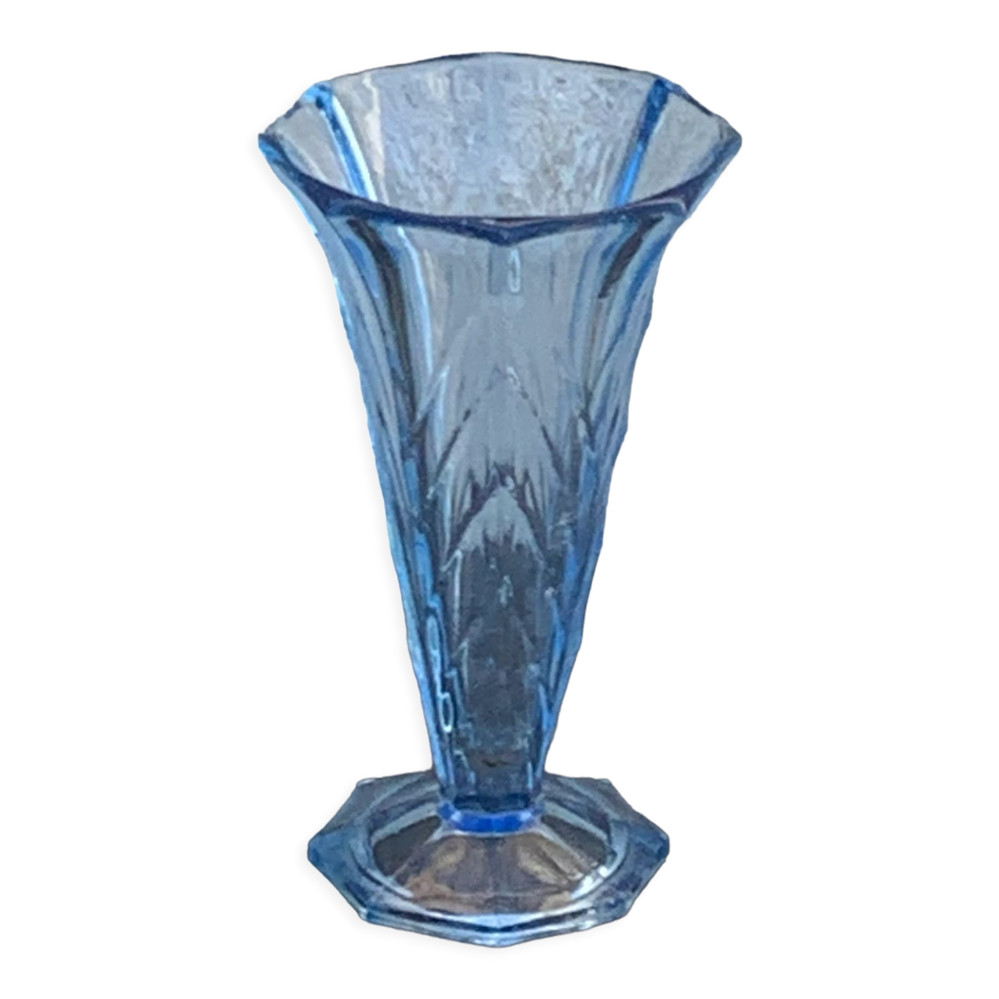 Blue molded glass vase in art deco relief