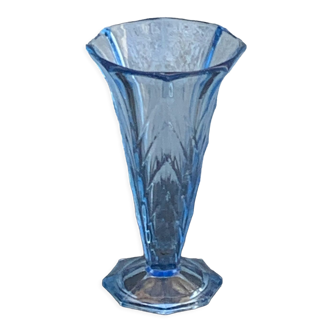 Blue molded glass vase in art deco relief