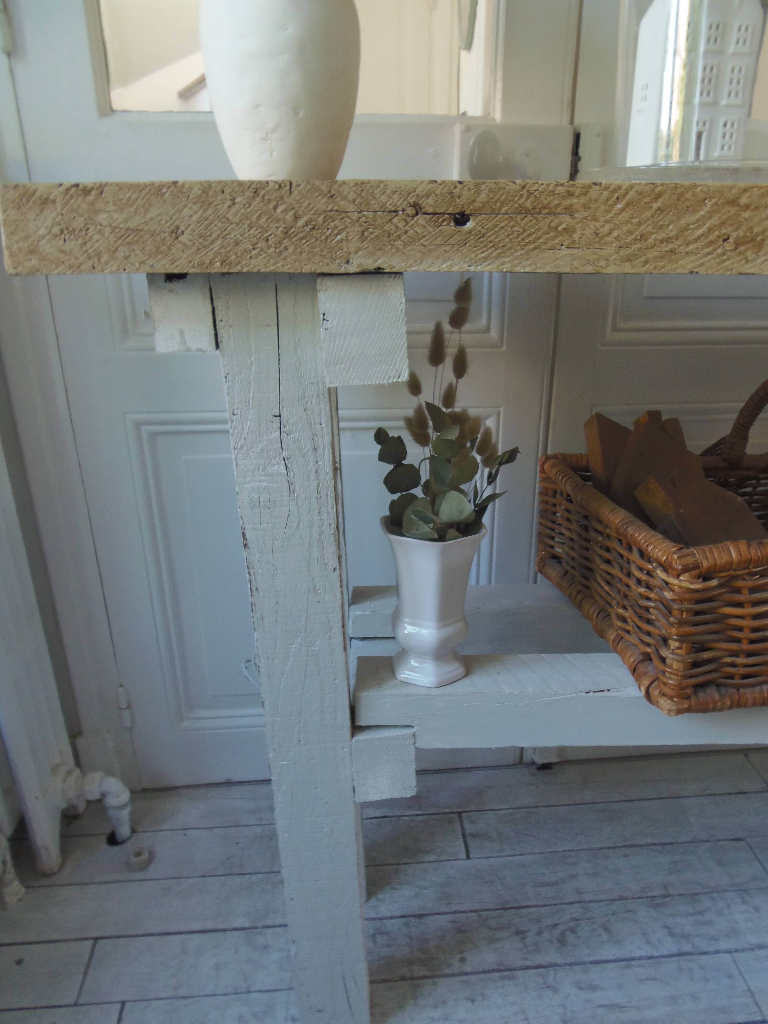 Vintage workbench with pearl gray patinated base and wooden top