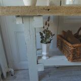 Vintage workbench with pearl gray patinated base and wooden top