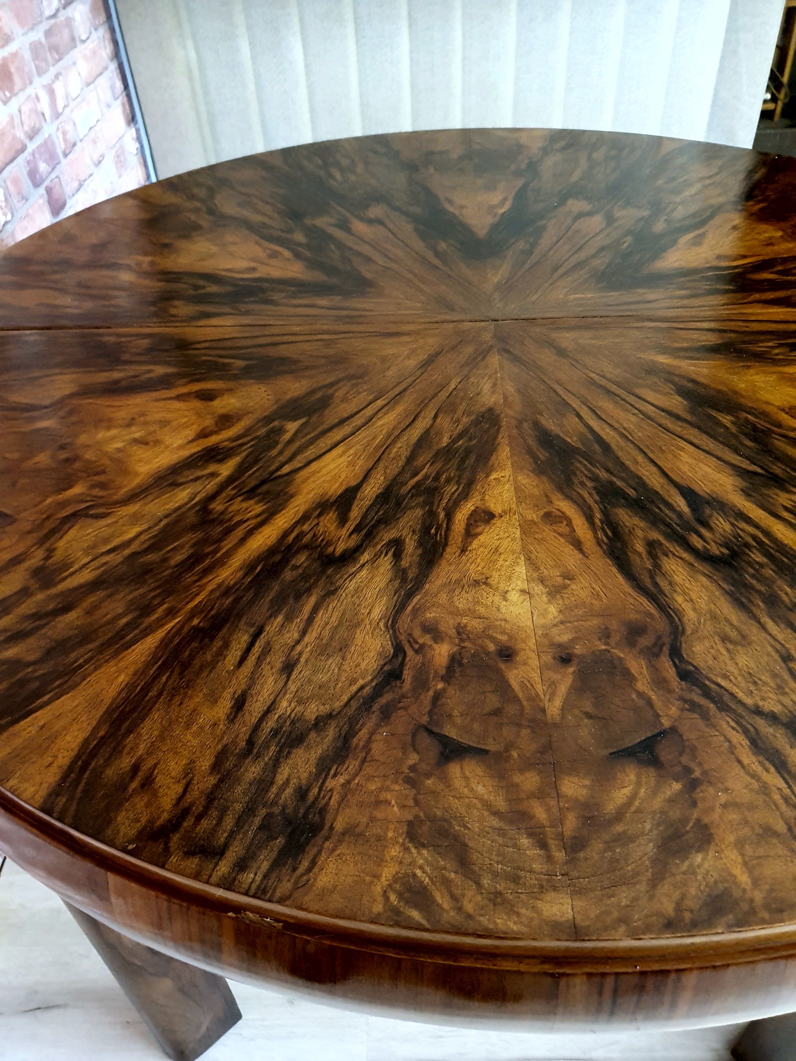 Round art deco table with extensions renovated fi 110, 160 cm unfolded. the 30s