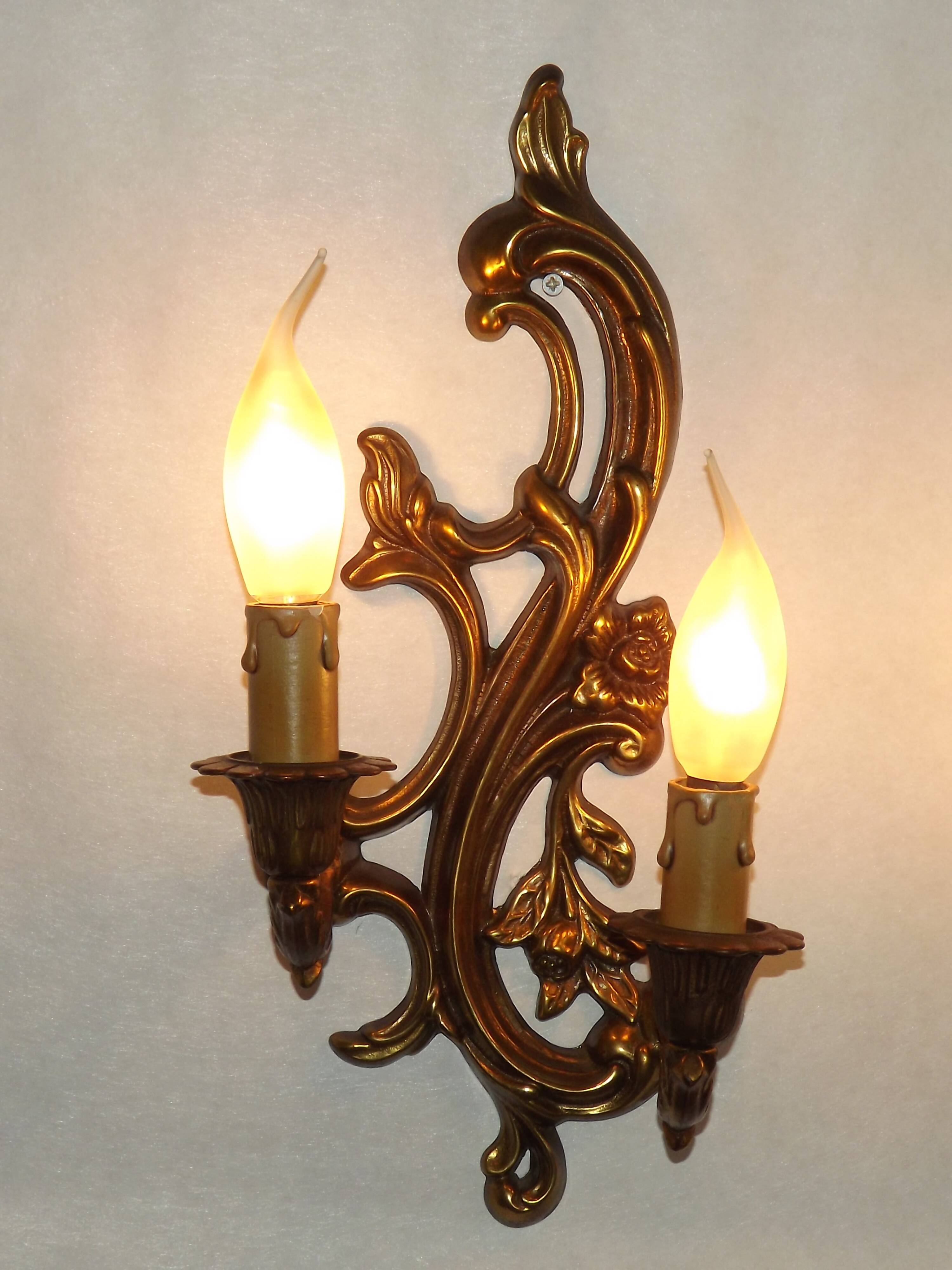 Pair Vintage French Bronze Double Wall Lights Acanthus Leaf & Flower Detail