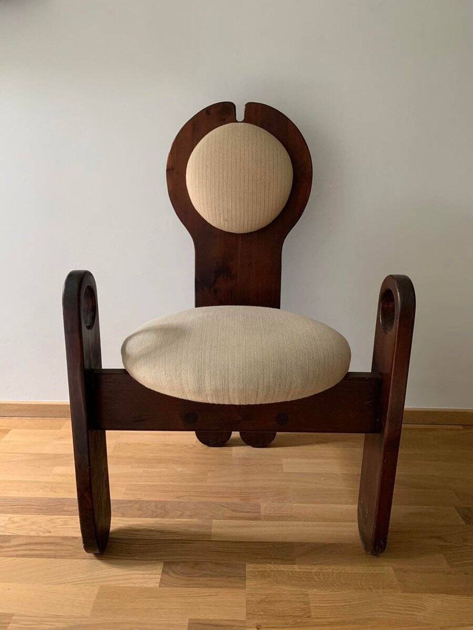 Vintage dining chair in stained brown pine with beige fabric, design by Szedleczky 1960–70.