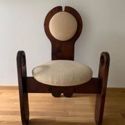 Vintage dining chair in stained brown pine with beige fabric, design by Szedleczky 1960–70.