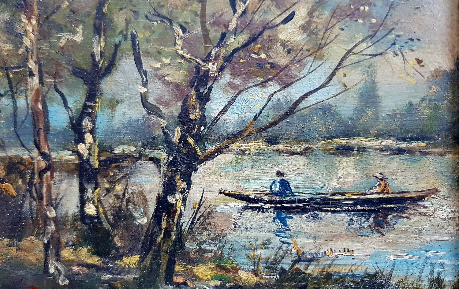 Tableau ancien la promenade en barque Signé Duval