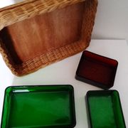 Set with appetizers, wicker tray and 3 colored glass ramekins
