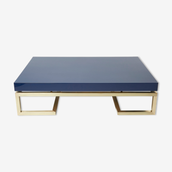 Table basse laquée bleue laiton 1970