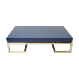 Table basse laquée bleue laiton 1970