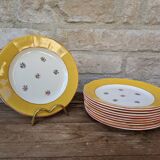 Set of 10 dessert plates with yellow border and floral decoration Sarreguemines