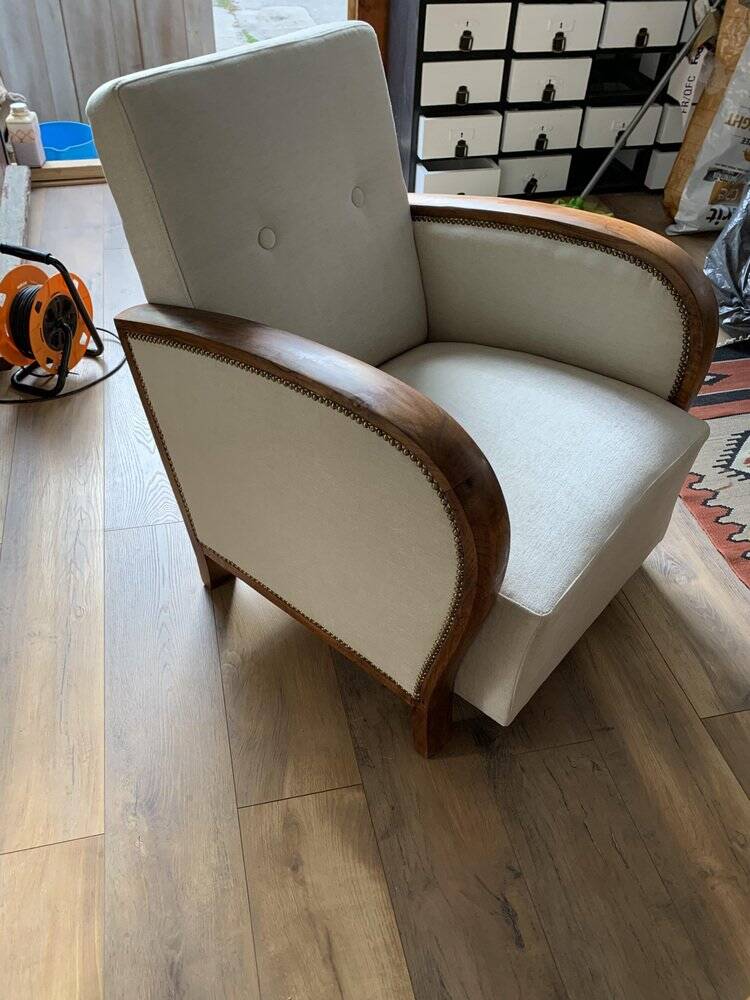Hungarian Art Deco armchair 1930s beige fabric, carved wooden structure, elegant and comfortable.