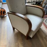 Hungarian Art Deco armchair 1930s beige fabric, carved wooden structure, elegant and comfortable.