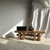 Solid wood bench with openwork base crossed by a cylinder - Mango wood