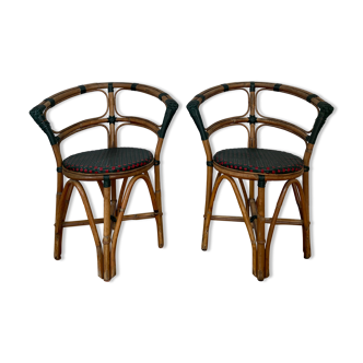 Pair of 1930 bistro chairs in bamboo and two-tone braiding