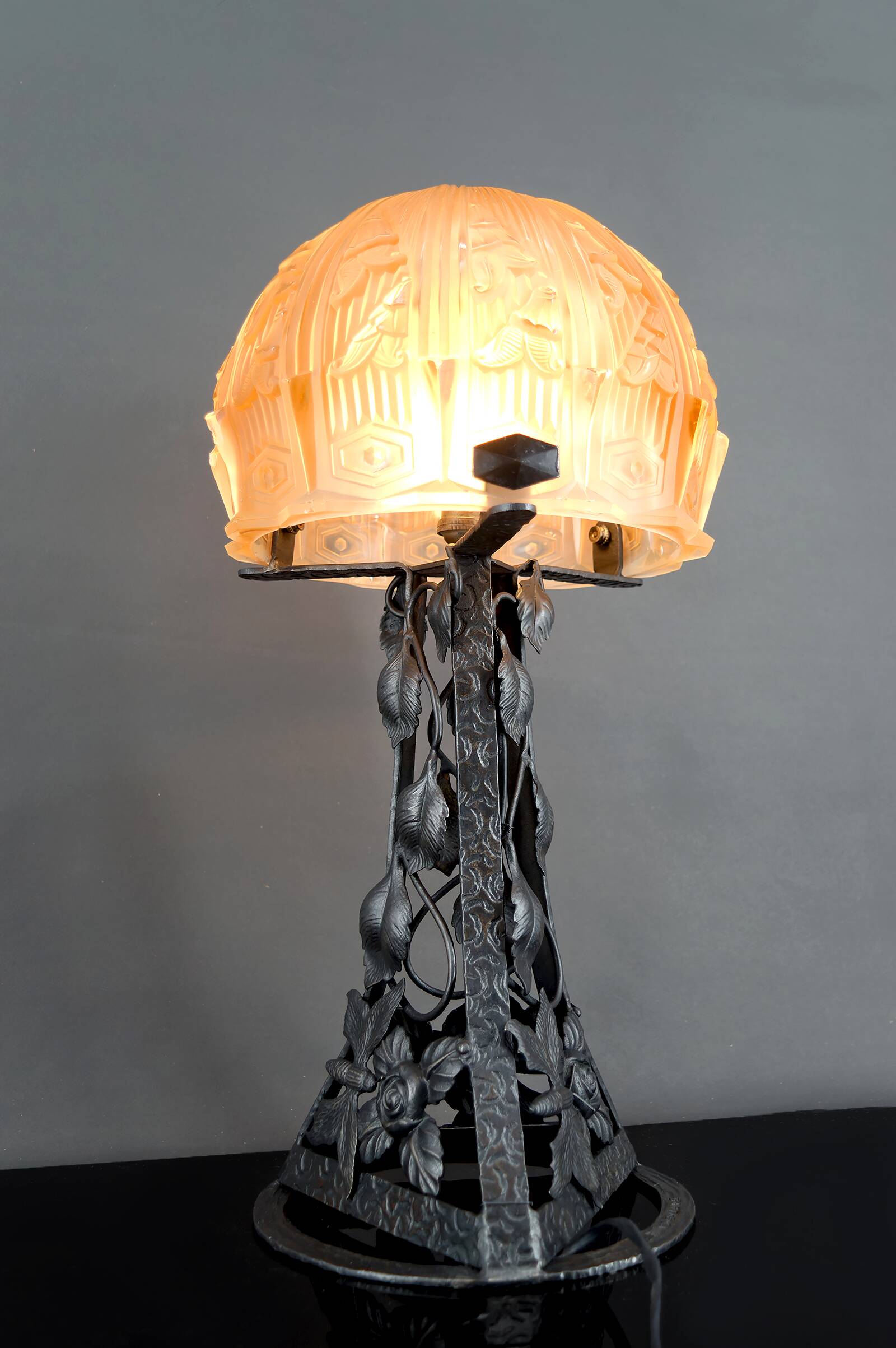 Important Art Deco Wrought Iron Lamp, by Bartelemie, France, Circa 1925