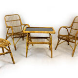 Rattan armchairs, table and stool, 1960