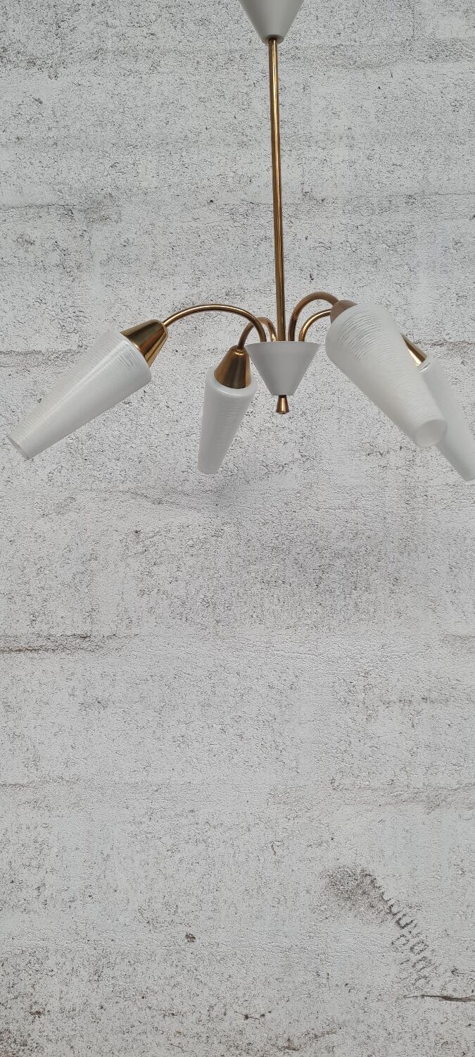 Brass and white opaline chandelier