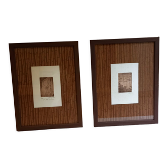 Pendant of two small lithographs, signed MC Vasseur, representing a mermaid and algae