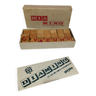 ancien jeu de lettres diamino en bois dans sa boite d'origine - avec sa notice