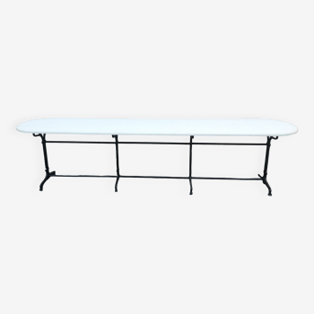 4-legged art nouveau cast iron bistro table, ivory white wood top, 3 meters