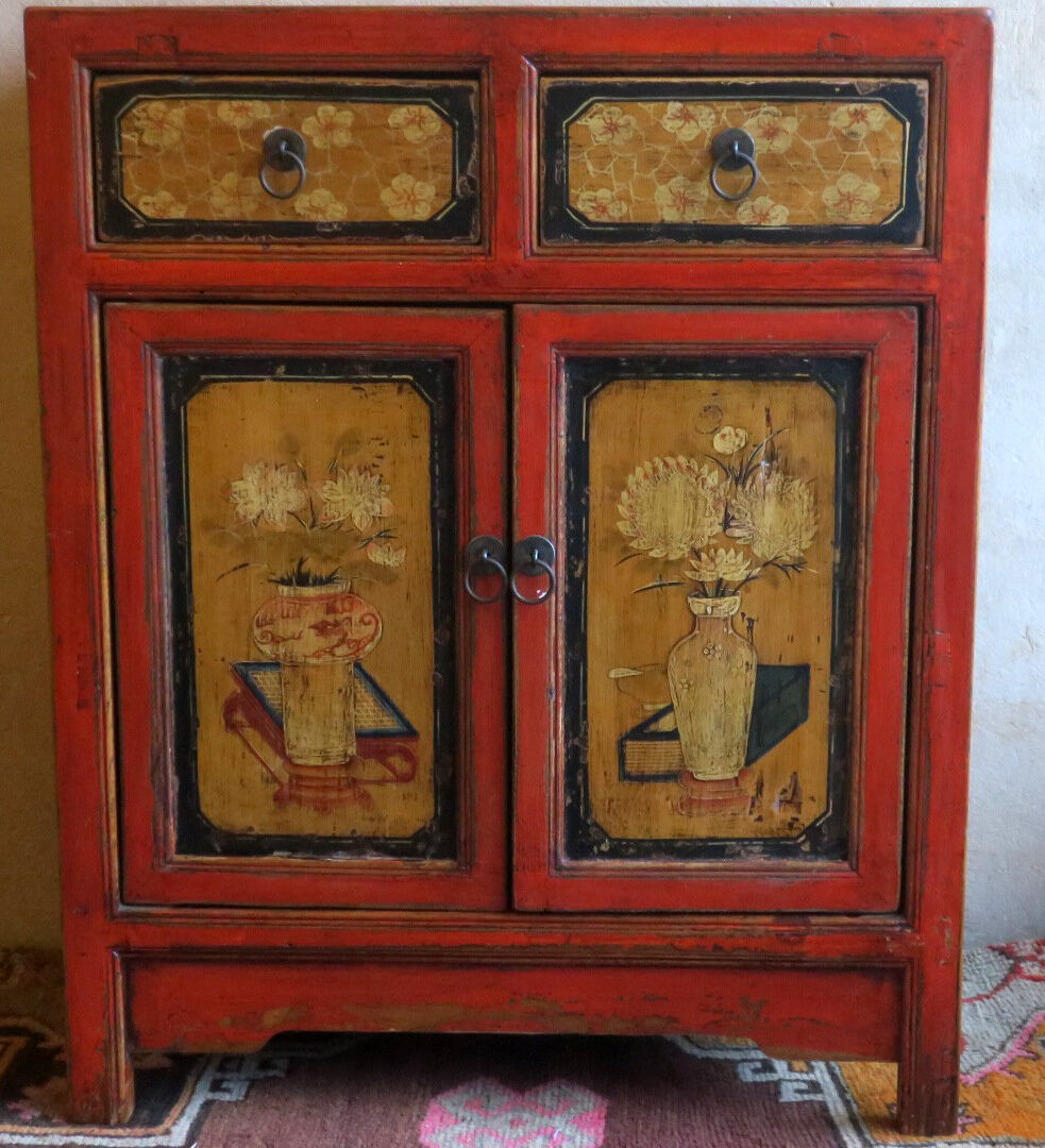Mid century Chinese painted cabinet with 2 doors and 2 drawers